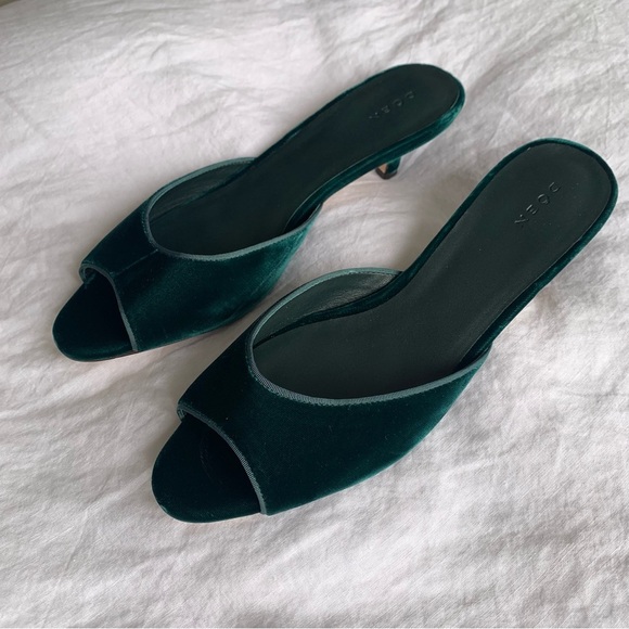 Doen Callie Velvet Peep Toe Mule Kitten Heels Shoes Evergreen Green - Picture 5 of 12